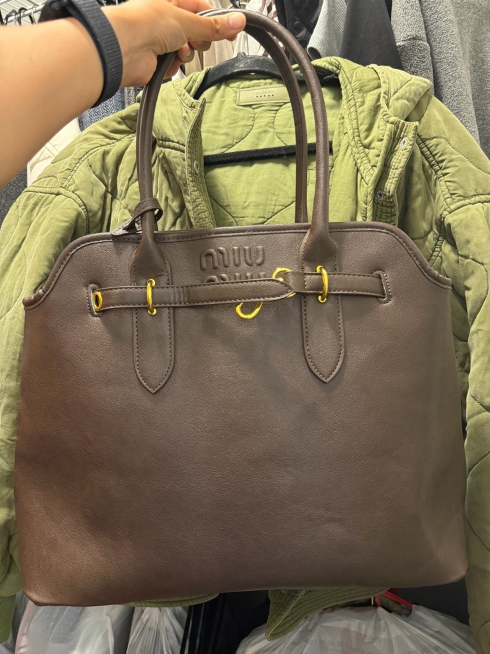 Miu Miu like Dark Brown Leather Tote with Gold-Tone Accents
